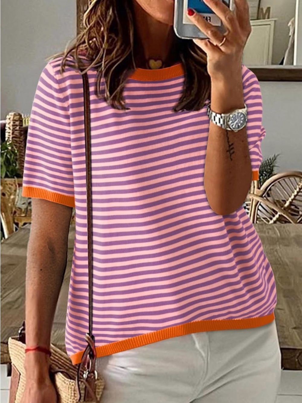 Striped Pink and Purple Short Sleeve sweater Top with Orange Trim